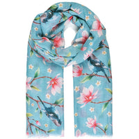 Jewel City Bird & Blossom Aqua Print Scarf