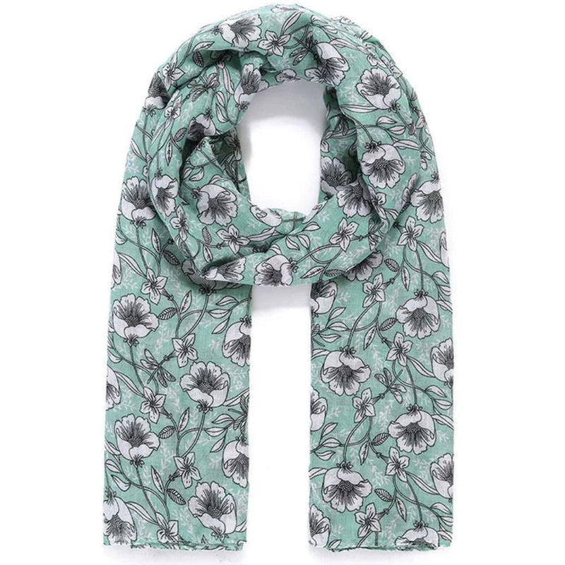 Jewel City Floral Sketch Green Print Scarf