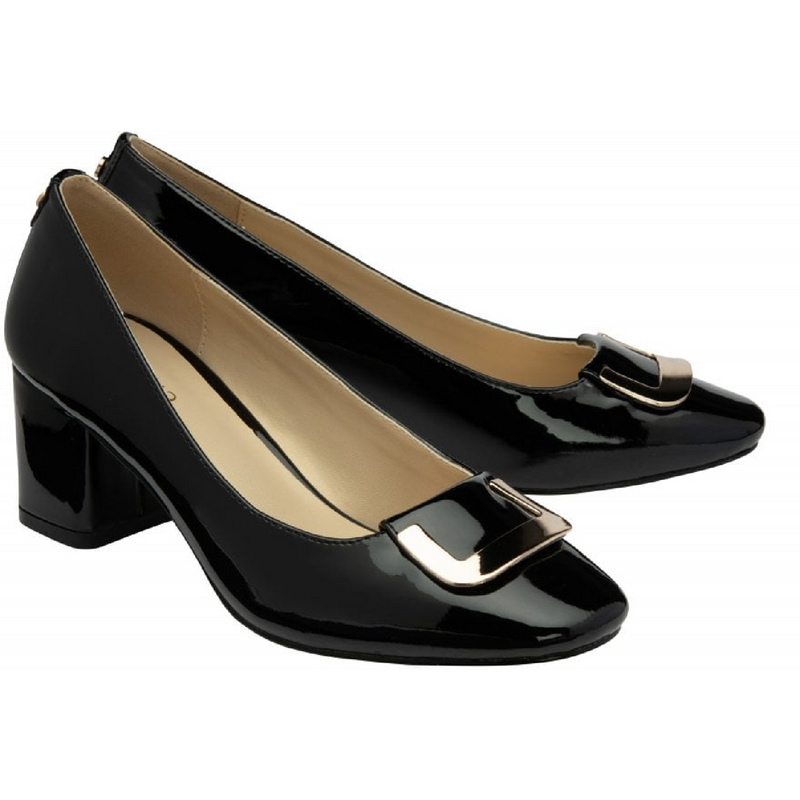 Lotus Aubrey Black Patent Block-Heel Court Shoes