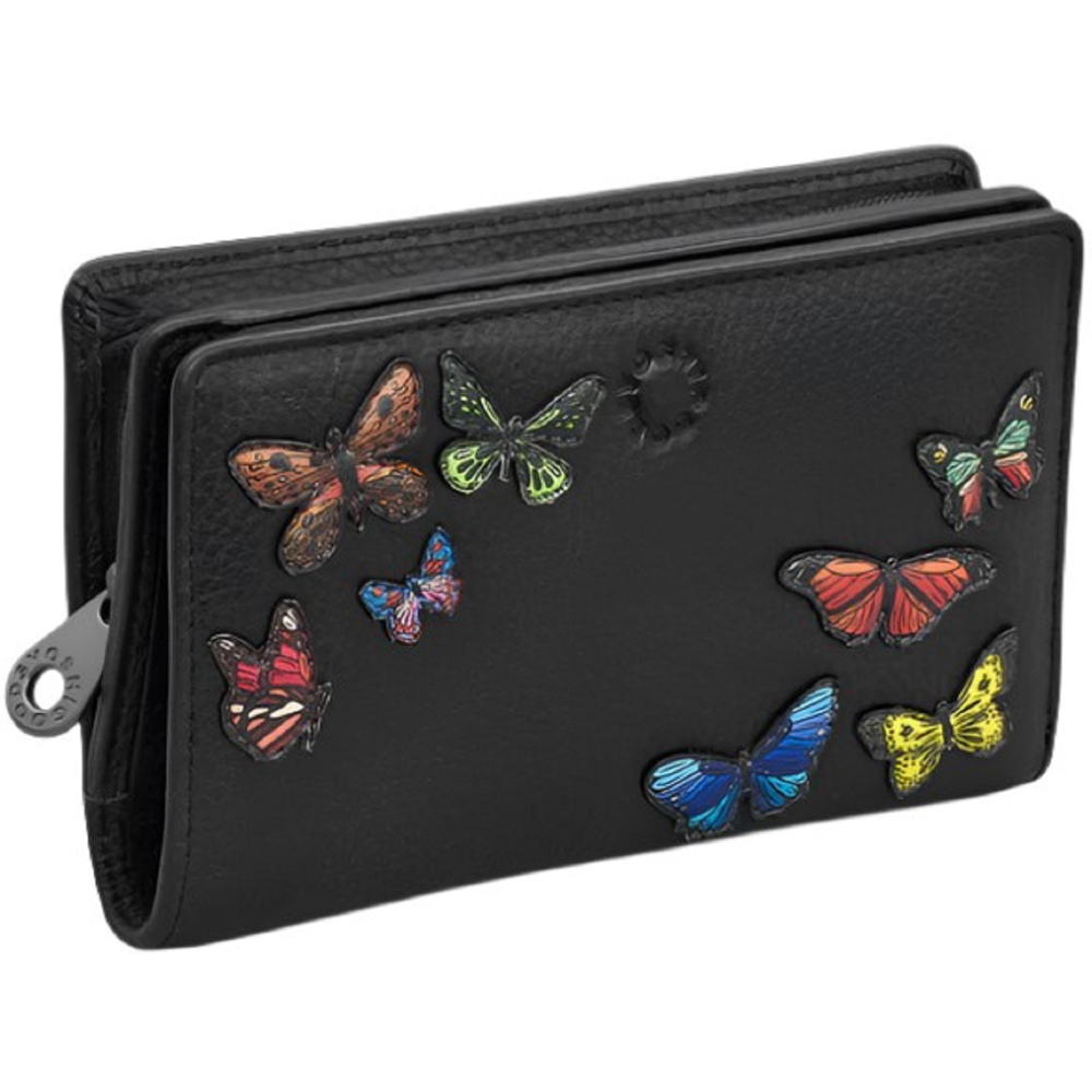 Yoshi Amongst Butterflies Flap Over Zip Around Black Leather Purse