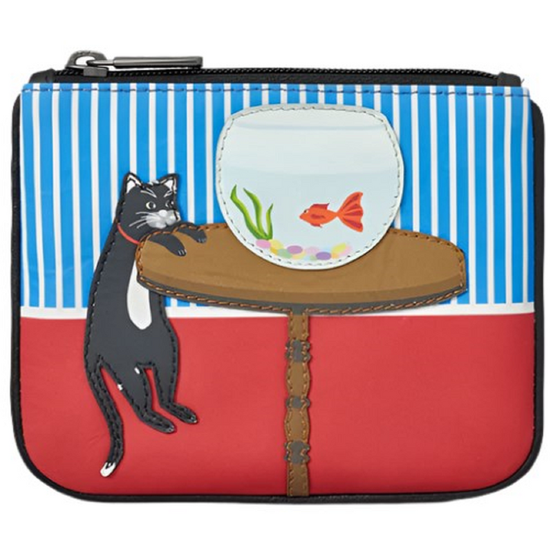 Yoshi Cat And Fish Black Leather Zip Top Purse