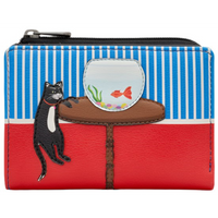 Yoshi Cat & Fish Bowl Black Leather Flap Over Purse