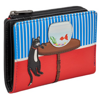 Yoshi Cat & Fish Bowl Black Leather Flap Over Purse