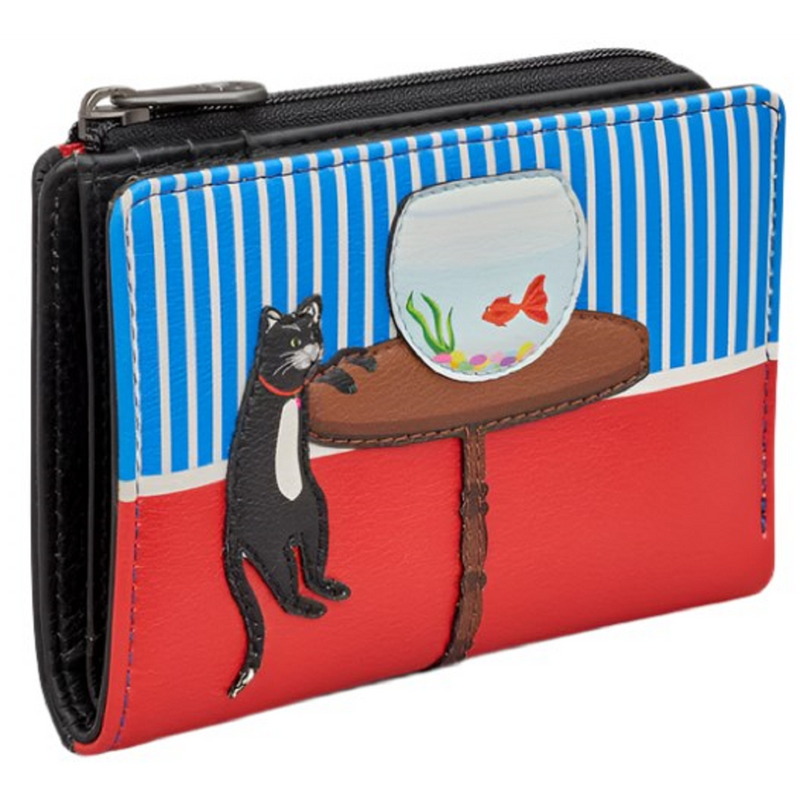 Yoshi Cat & Fish Bowl Black Leather Flap Over Purse