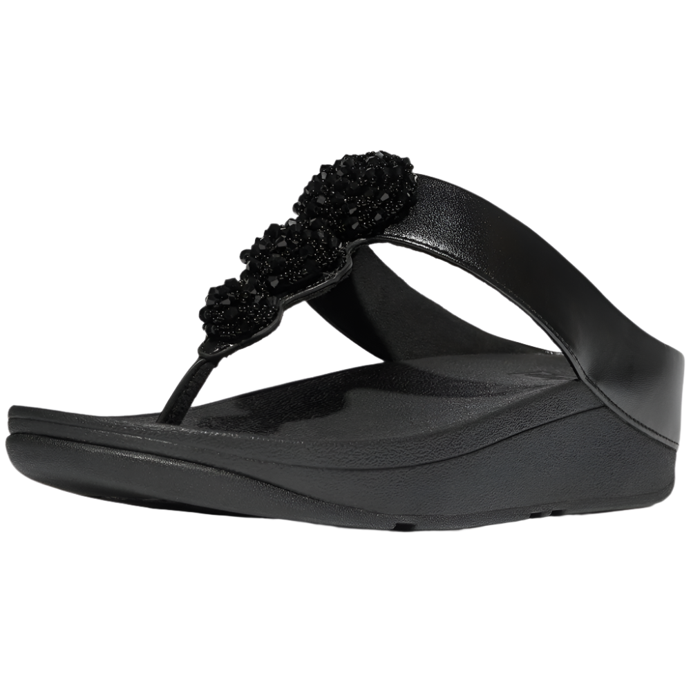 FitFlop Fino Beadie-Button Metallic Black Toe-Post Sandals