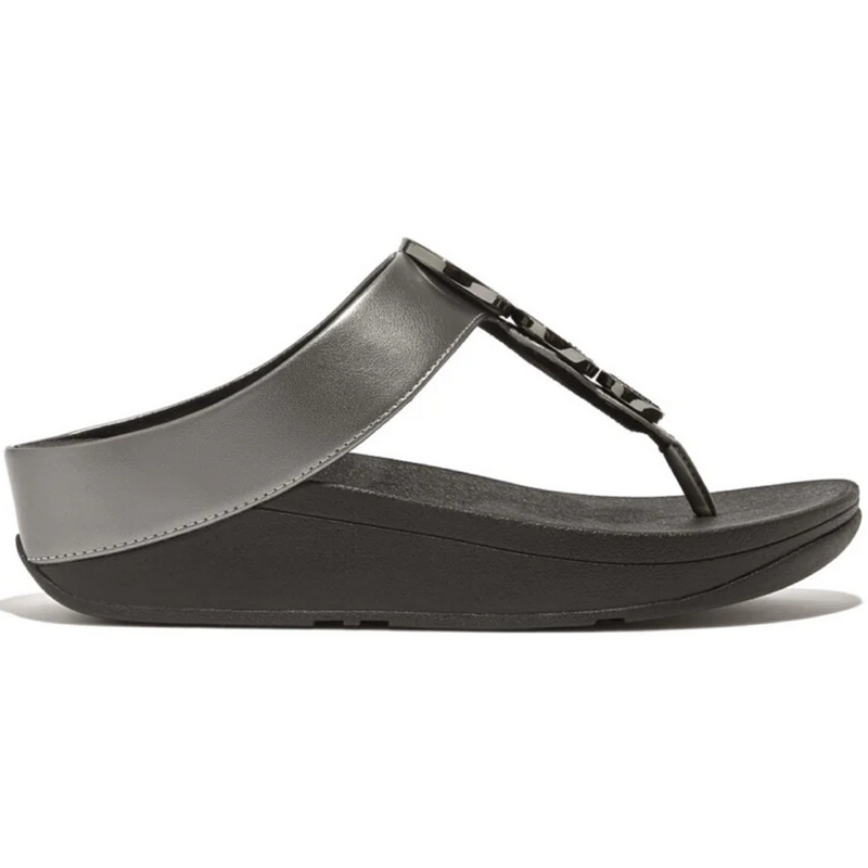 FitFlop Halo Bead-Circle Metallic Pewter Black Toe-Post Sandals