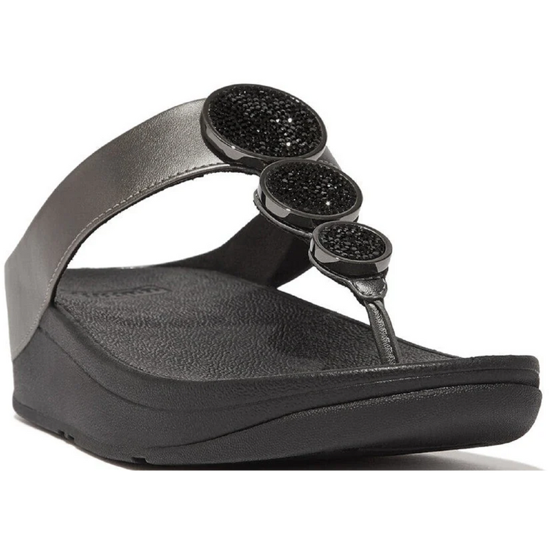 FitFlop Halo Bead-Circle Metallic Pewter Black Toe-Post Sandals