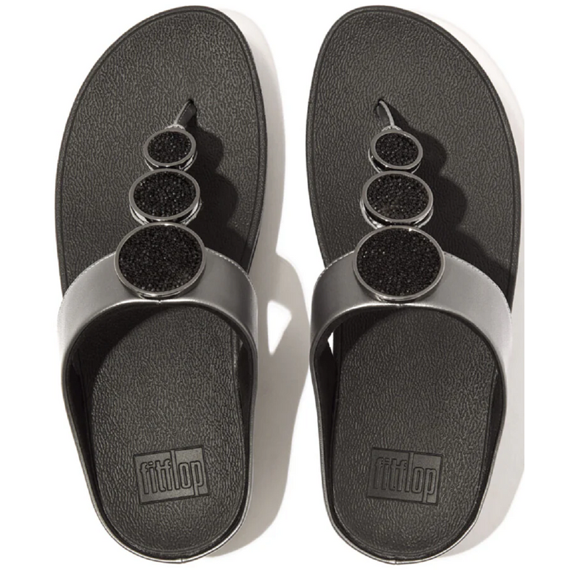 FitFlop Halo Bead-Circle Metallic Pewter Black Toe-Post Sandals