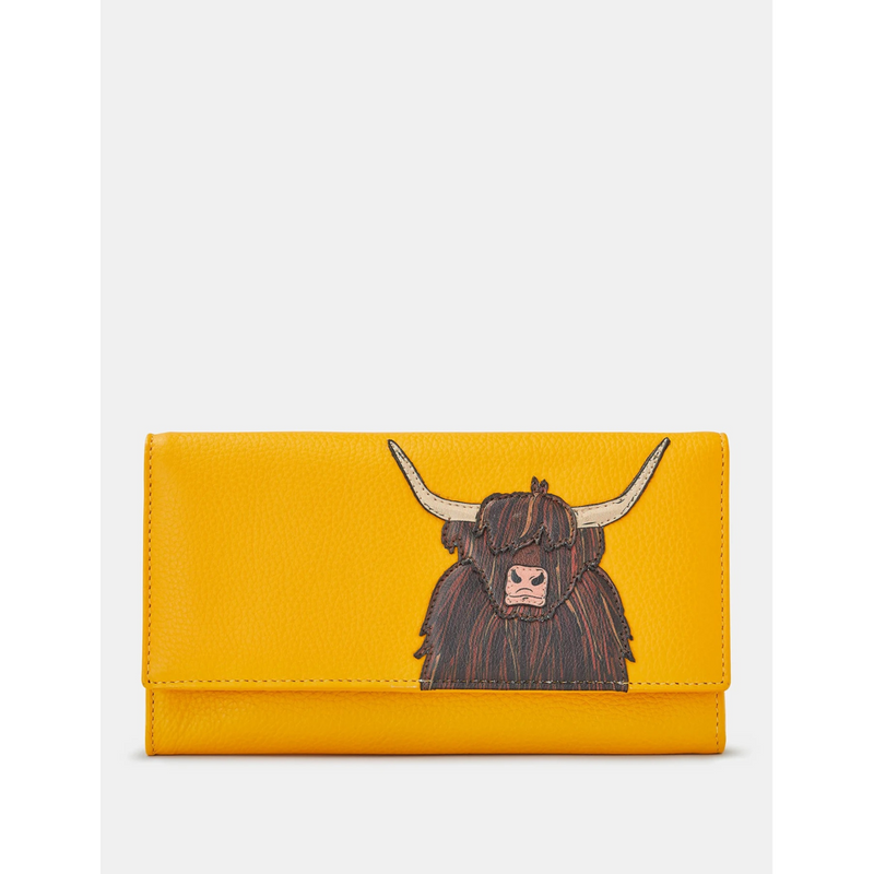 Yoshi Highland Cow Flap Over Yellow Leather Purse