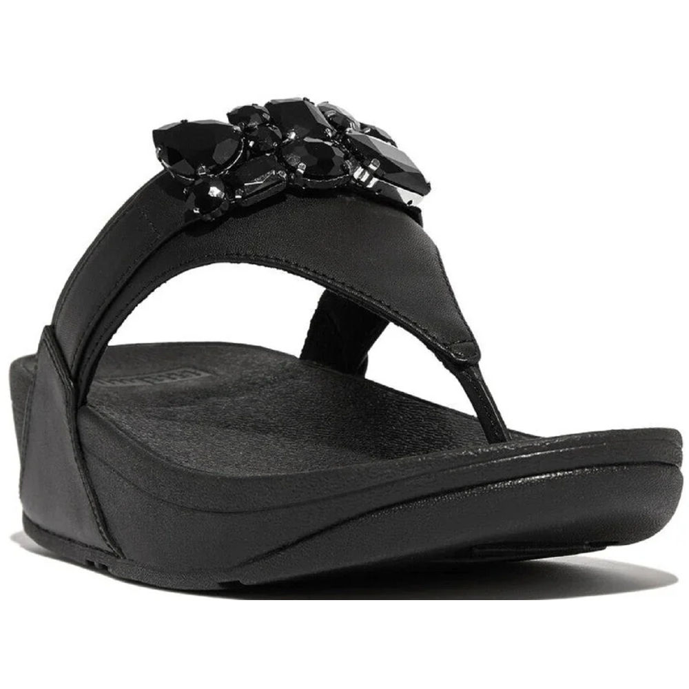 FitFlop Lulu Jewel-Deluxe Leather Black Toe-Post Sandals