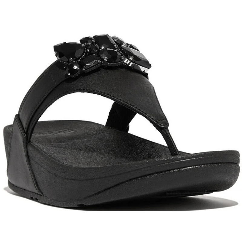 FitFlop Lulu Jewel-Deluxe Leather Black Toe-Post Sandals