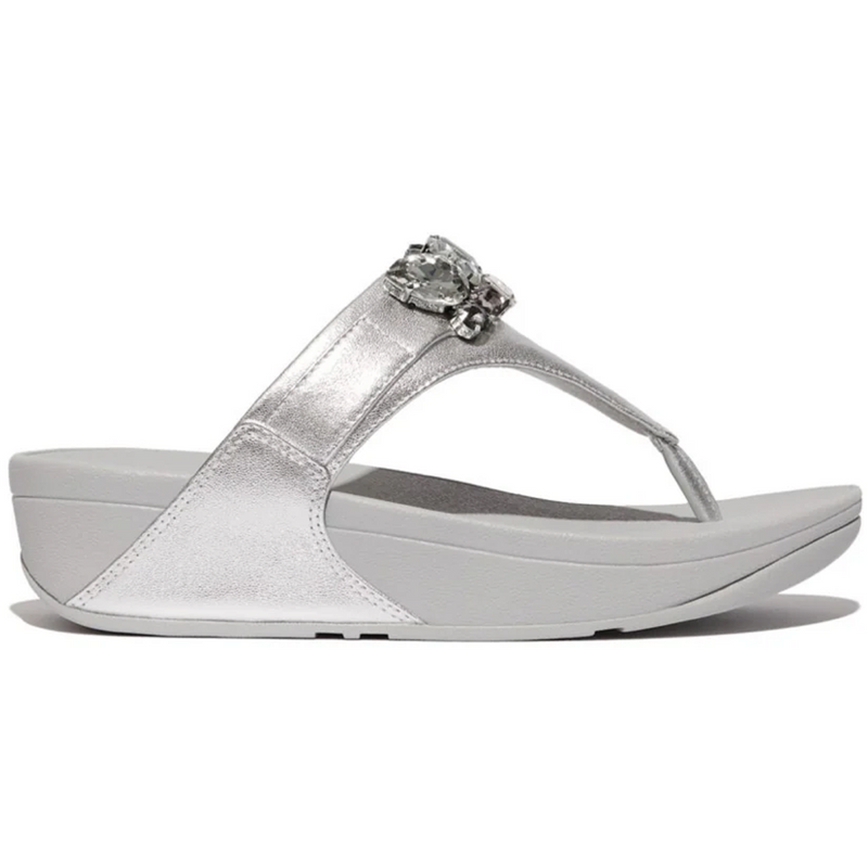 FitFlop Lulu Jewel-Deluxe Leather Silver Toe-Post Sandals