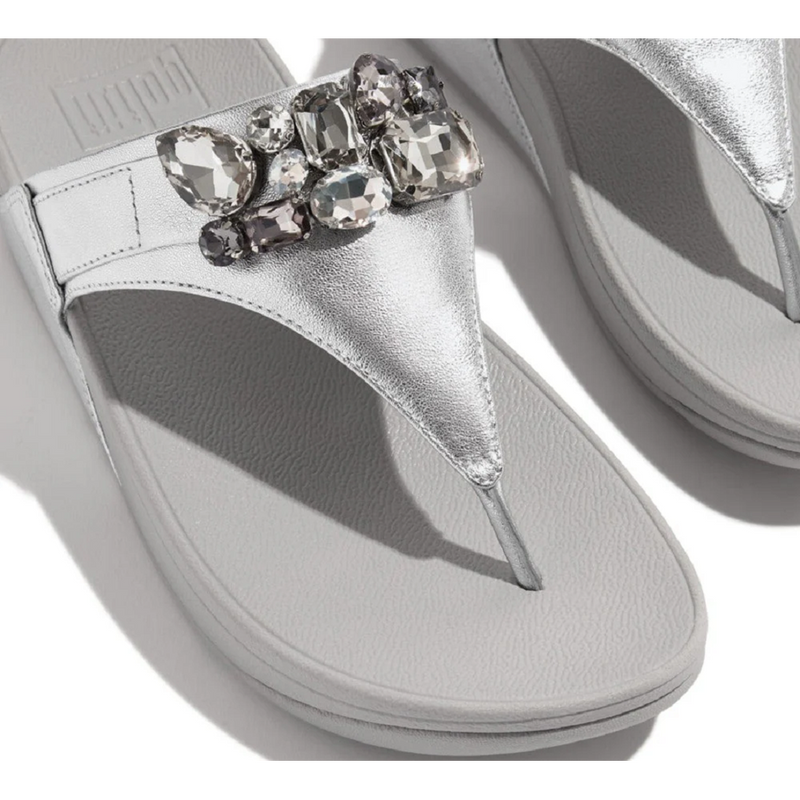 FitFlop Lulu Jewel-Deluxe Leather Silver Toe-Post Sandals