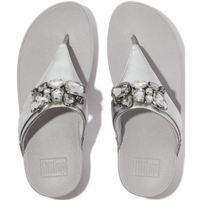 FitFlop Lulu Jewel-Deluxe Leather Silver Toe-Post Sandals