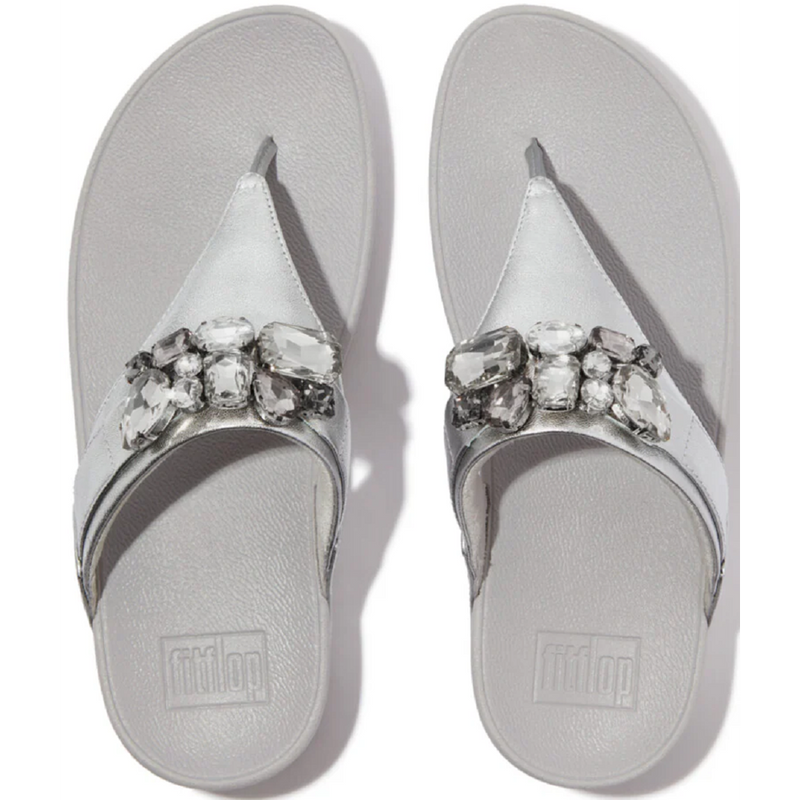 FitFlop Lulu Jewel-Deluxe Leather Silver Toe-Post Sandals