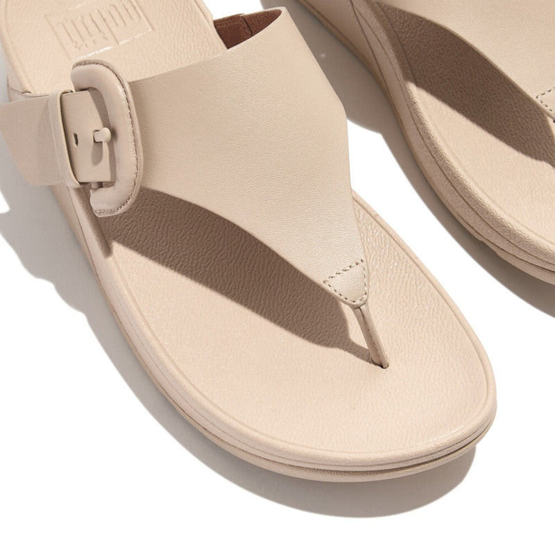 FitFlop Lulu Covered-Buckle Raw-Edge Leather Stone Beige Toe-Thongs