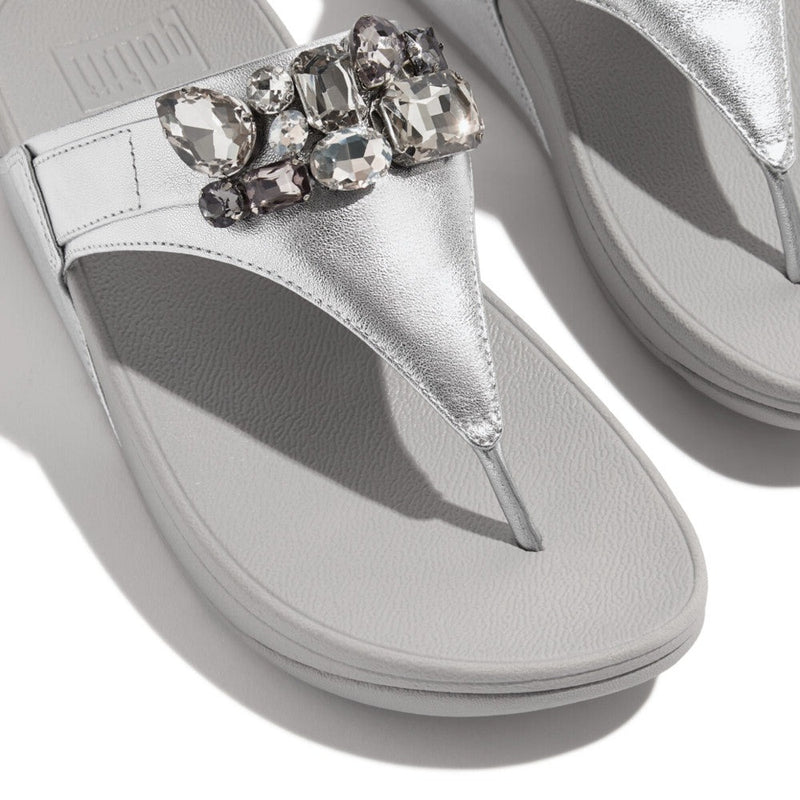 FitFlop Lulu Jewel-Deluxe Leather Silver Toe-Post Sandals