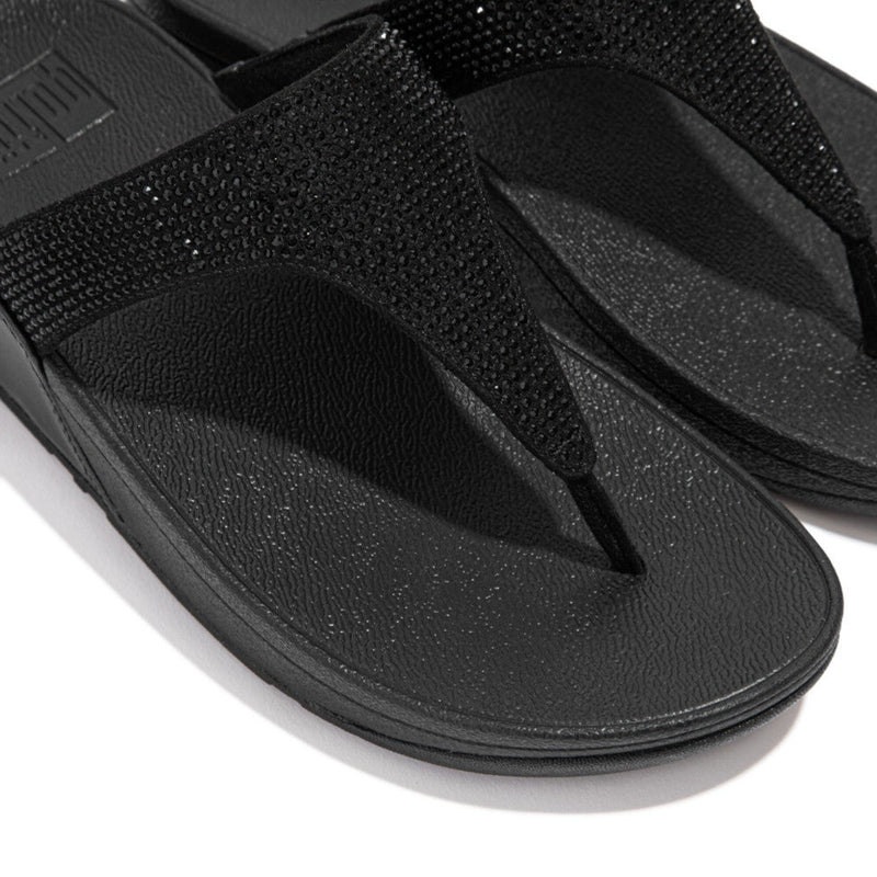 FitFlop Lulu Crystal Embellished All Black Toe-Post Sandals