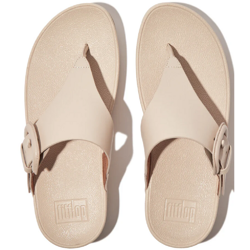 FitFlop Lulu Covered-Buckle Raw-Edge Leather Stone Beige Toe-Thongs