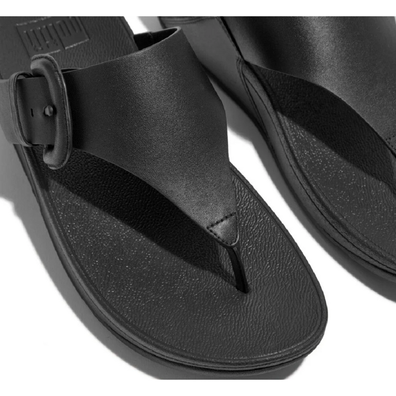 FitFlop Lulu Covered-Buckle Raw-Edge Leather Black Toe-Thongs