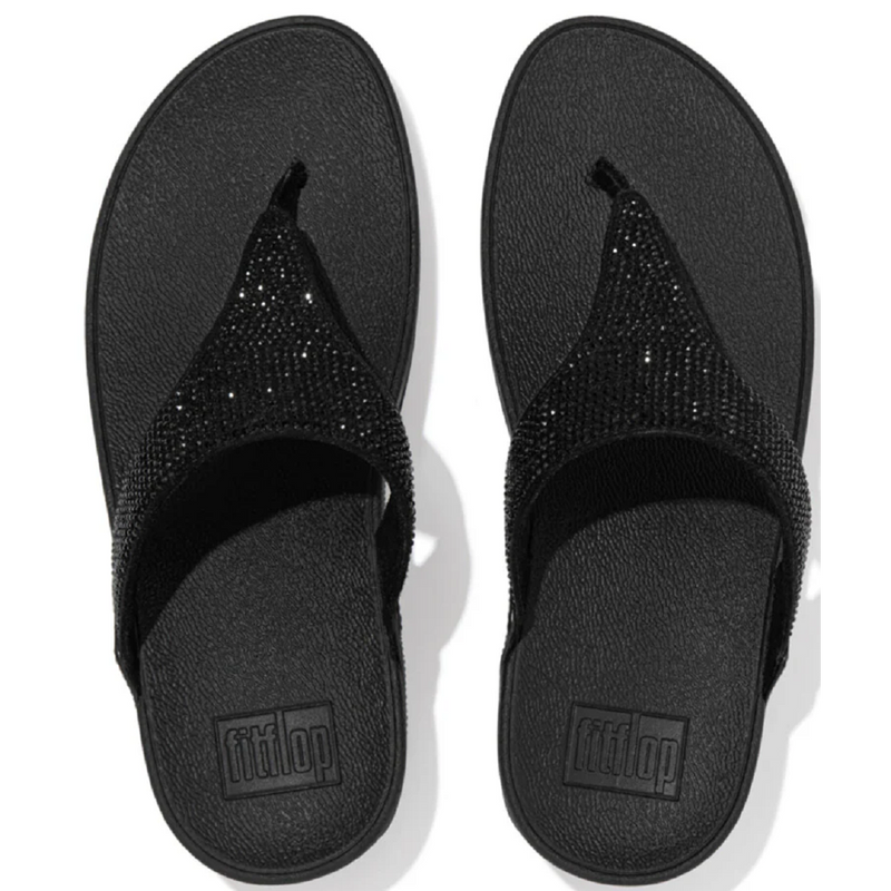 FitFlop Lulu Crystal Embellished All Black Toe-Post Sandals