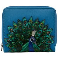 Yoshi Peacock Plume Petrol Blue Leather Zip Round Flap Over Purse