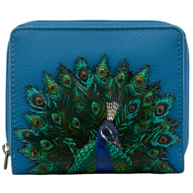 Yoshi Peacock Plume Petrol Blue Leather Zip Round Flap Over Purse