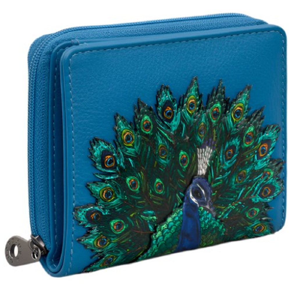 Yoshi Peacock Plume Petrol Blue Leather Zip Round Flap Over Purse