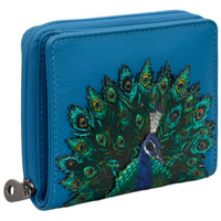 Yoshi Peacock Plume Petrol Blue Leather Zip Round Flap Over Purse