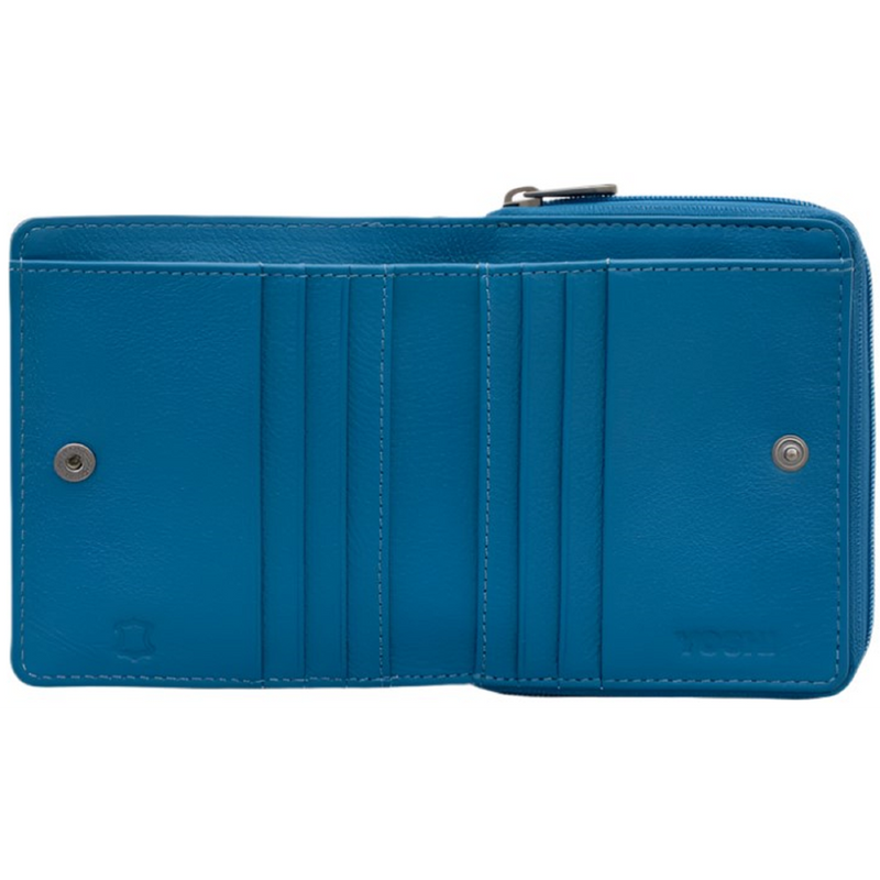 Yoshi Peacock Plume Petrol Blue Leather Zip Round Flap Over Purse