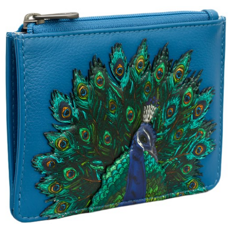 Yoshi Peacock Plume Zip Top Petrol Blue Leather Purse