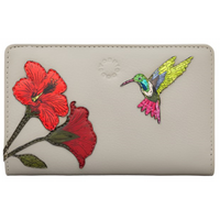 Yoshi Petal & Feathers Hummingbird Flap Over Zip Round Warm Grey Leather Purse