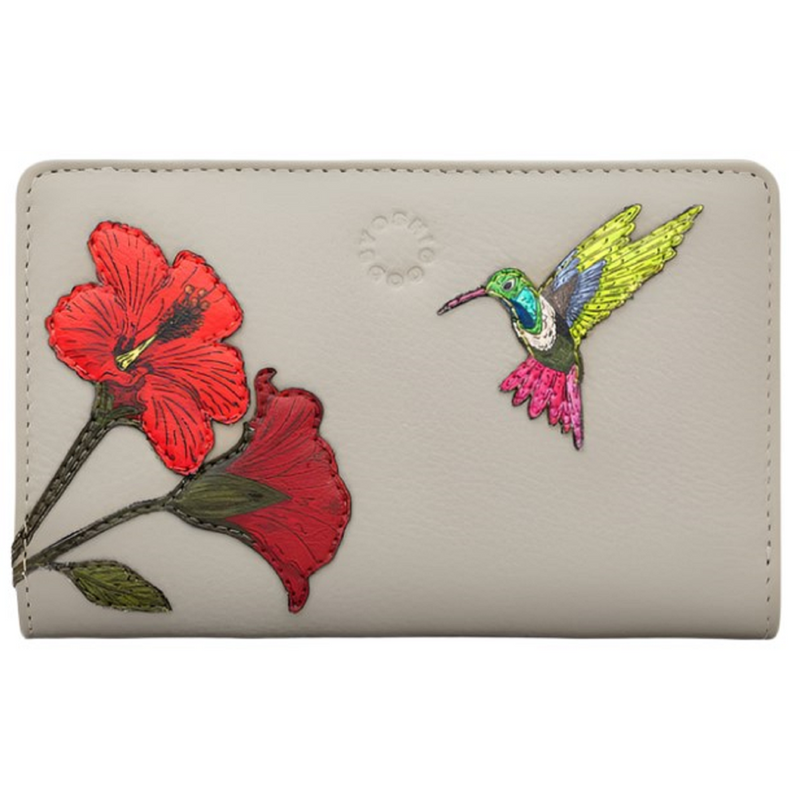 Yoshi Petal & Feathers Hummingbird Flap Over Zip Round Warm Grey Leather Purse