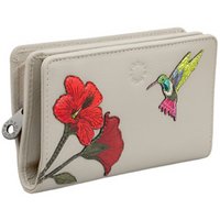 Yoshi Petal & Feathers Hummingbird Flap Over Zip Round Warm Grey Leather Purse