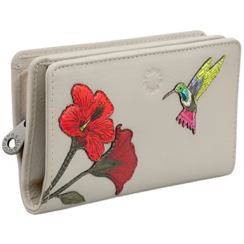 Yoshi Petal & Feathers Hummingbird Flap Over Zip Round Warm Grey Leather Purse