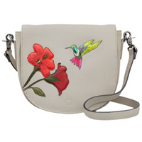 Yoshi Petals and Feathers Hummingbird Flap Over Warm Grey Leather Cross Body Bag