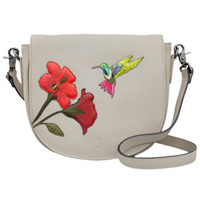 Yoshi Petals and Feathers Hummingbird Flap Over Warm Grey Leather Cross Body Bag