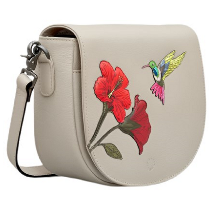 Yoshi Petals and Feathers Hummingbird Flap Over Warm Grey Leather Cross Body Bag