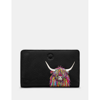 Yoshi Highland Cow Zip Around Black Leather Purse