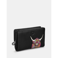 Yoshi Highland Cow Zip Around Black Leather Purse