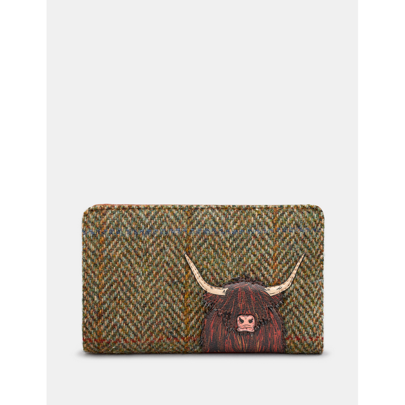 Yoshi Highland Cow Zip Around Tweed Leather Purse