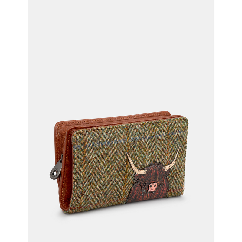 Yoshi Highland Cow Zip Around Tweed Leather Purse