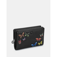 Yoshi Amongst Butterflies Flap Over Zip Around Black Leather Purse