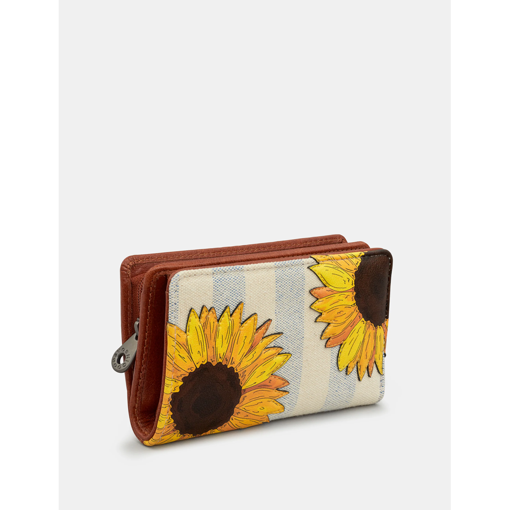 Yoshi Sunflower Bloom Zip Round Flap Over Brown Leather Purse