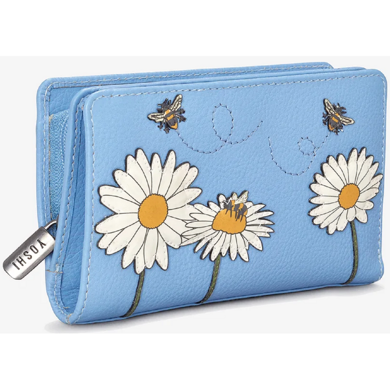 Yoshi Bee Happy Flap Over Zip Around Blue Leather Purse