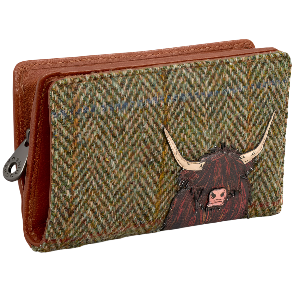 Yoshi Highland Cow Zip Around Tweed Leather Purse