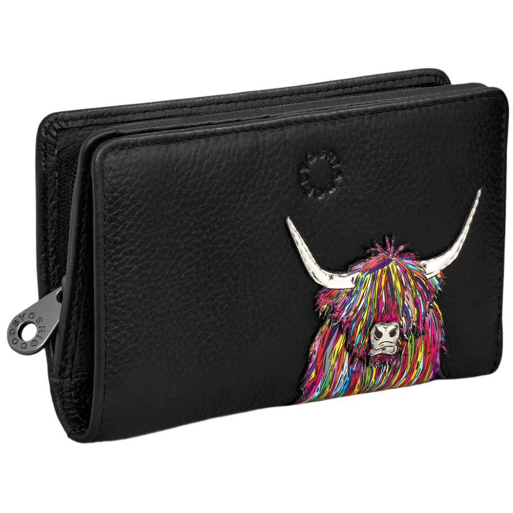 Yoshi Highland Cow Zip Around Black Leather Purse