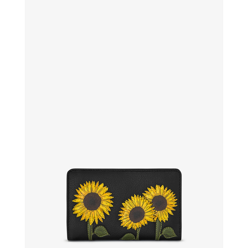 Yoshi Sunflowers Zip Around Black Leather Purse