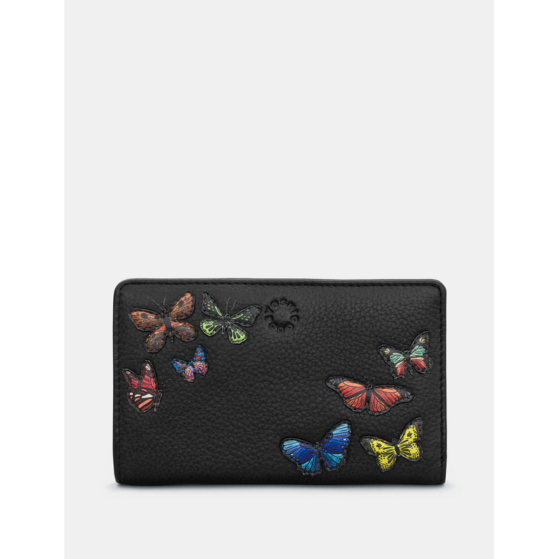 Yoshi Amongst Butterflies Flap Over Zip Around Black Leather Purse