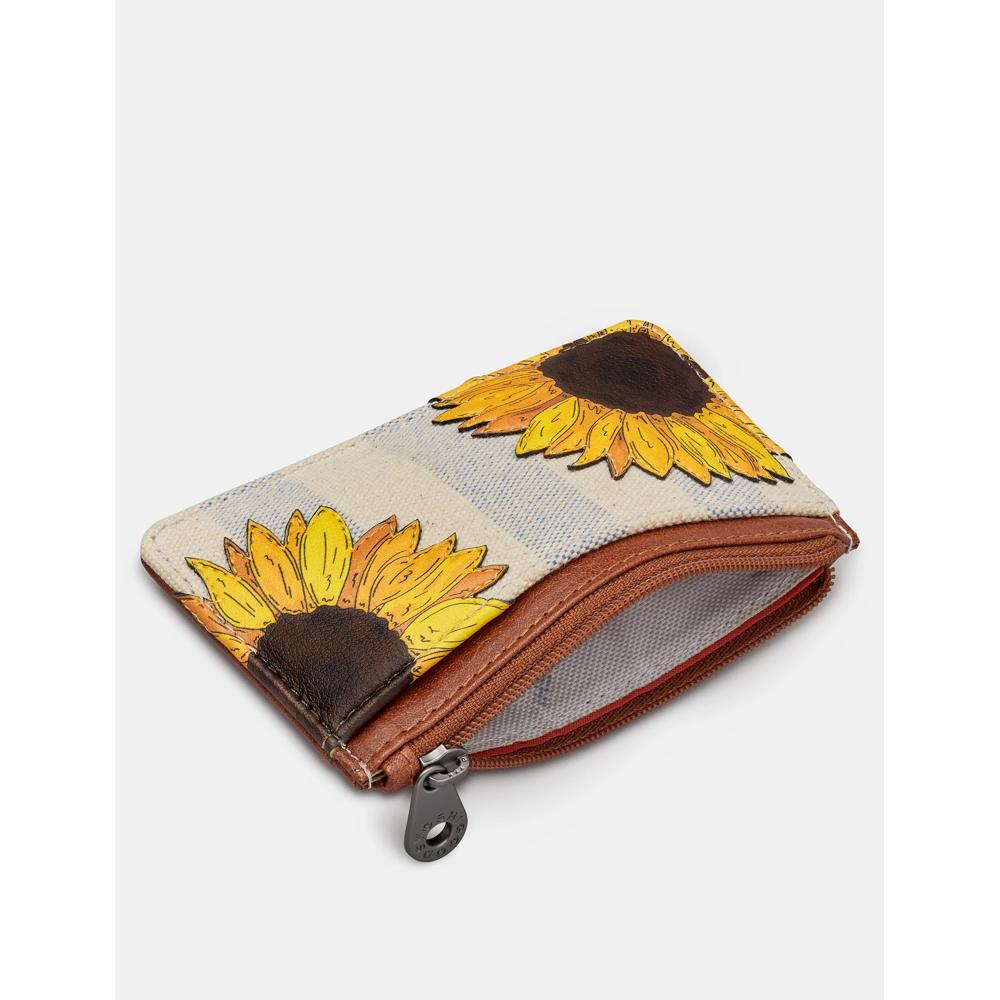 Yoshi Sunflower Bloom Zip Top Brown Leather Card Holder